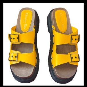 Christian Dior Platform Sandals Yellow Leather Double Buckle Studded Size 41